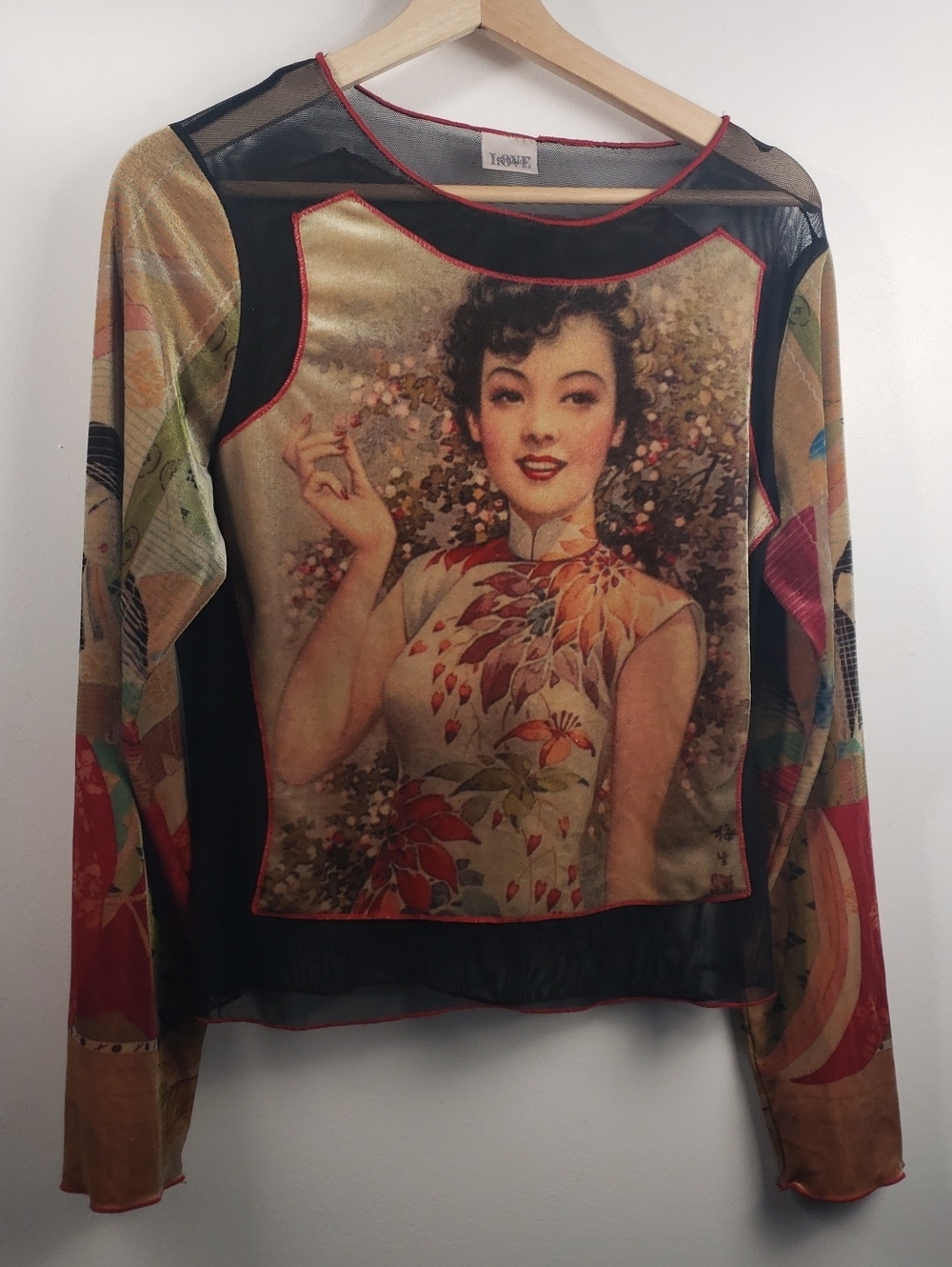 Vintage Y2k 90'sInspired Floral Portrait Mesh Top in Black and Tan Size Large